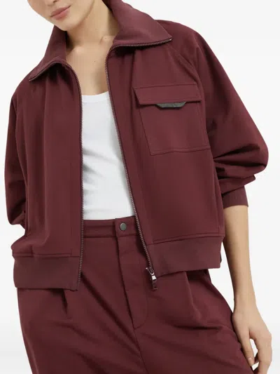 Brunello Cucinelli Collared Neck Sweatshirt With Shiny Flap Detail In Burgundy