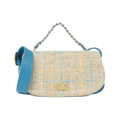 Pre-owned Chanel Beige Blue Tweed Leather Handbag Shoulder Bag ()