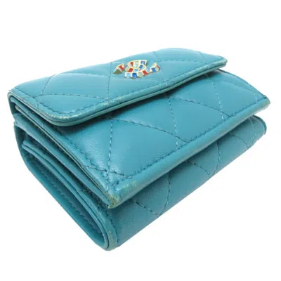 Pre-owned Chanel Blue Turquoise Leather Wallet (tri-fold) ()