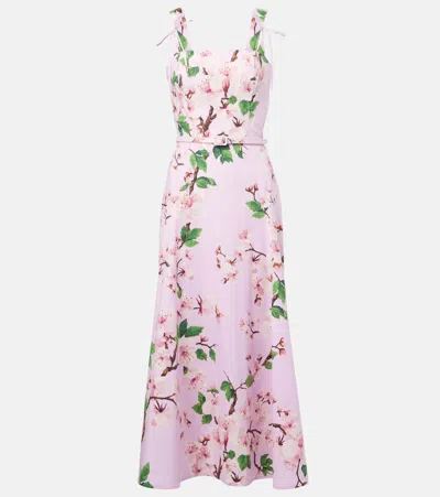 Oscar De La Renta Belted Bow-detailed Floral-print Stretch-cotton Poplin Midi Dress In Pink