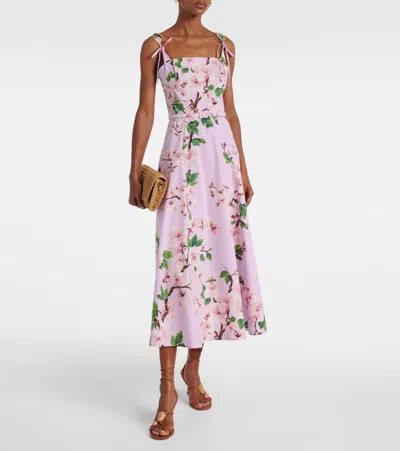 Oscar De La Renta Belted Bow-detailed Floral-print Stretch-cotton Poplin Midi Dress In Pink