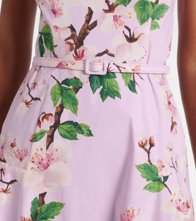 Oscar De La Renta Belted Bow-detailed Floral-print Stretch-cotton Poplin Midi Dress In Pink