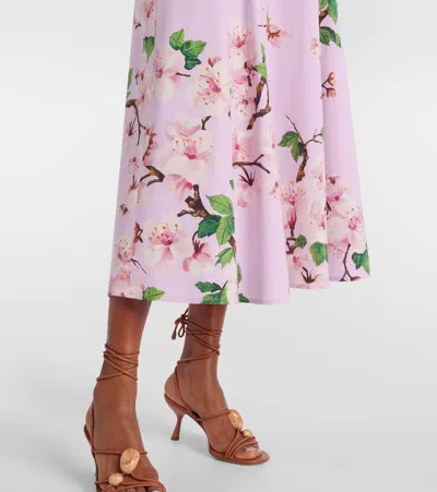 Oscar De La Renta Belted Bow-detailed Floral-print Stretch-cotton Poplin Midi Dress In Pink