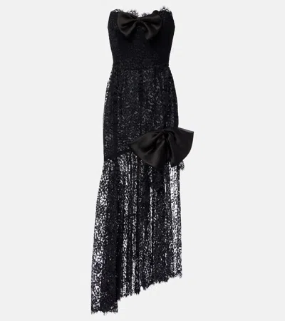Alessandra Rich Bow-detailed Strapless Asymmetric Silk-lace Dress In Black
