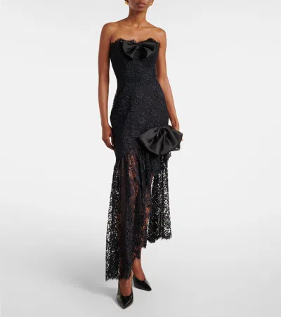 Alessandra Rich Bow-detailed Strapless Asymmetric Silk-lace Dress In Black