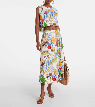 Farm Rio Womens Fresh Table Off-white Fresh Table Crop Linen-blend Top In Multi