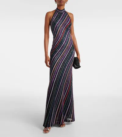 Missoni Long Dress With Halter Neck And Herringbone Stripe Knit In Black
