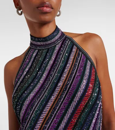 Missoni Long Dress With Halter Neck And Herringbone Stripe Knit In Black