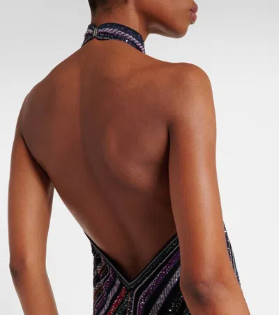 Missoni Long Dress With Halter Neck And Herringbone Stripe Knit In Black