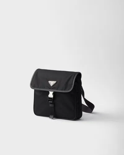 Prada Fabric Leather Shoulder Bag Adjustable Strap Front Flap In Black