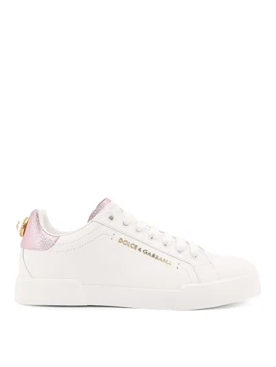 Dolce & Gabbana Women Portofino Leather Low-top Sneakers With Lateral Lettering Logo In White