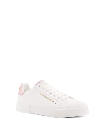 Dolce & Gabbana Women Portofino Leather Low-top Sneakers With Lateral Lettering Logo In White