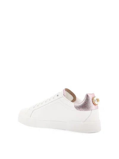 Dolce & Gabbana Women Portofino Leather Low-top Sneakers With Lateral Lettering Logo In White