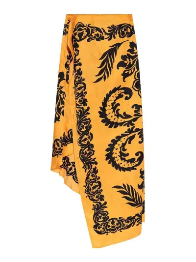 Etro Orange Skirt With Asymmetric Design And All-over Stencil Floral Print In Viscose Woman