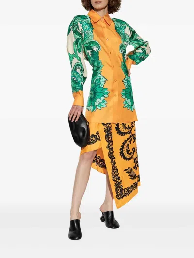 Etro Orange Skirt With Asymmetric Design And All-over Stencil Floral Print In Viscose Woman