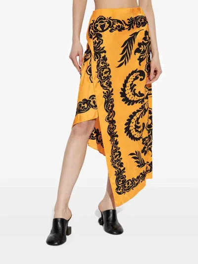 Etro Orange Skirt With Asymmetric Design And All-over Stencil Floral Print In Viscose Woman