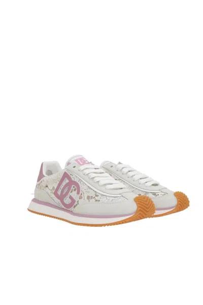 Dolce & Gabbana White Low Top With Lace Details And Dg Patch On The Side In Fabric And Suede Blend Woman In Multi