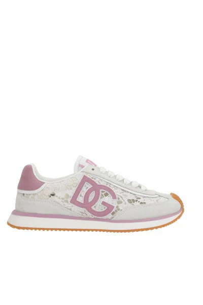 Dolce & Gabbana White Low Top With Lace Details And Dg Patch On The Side In Fabric And Suede Blend Woman In Multi