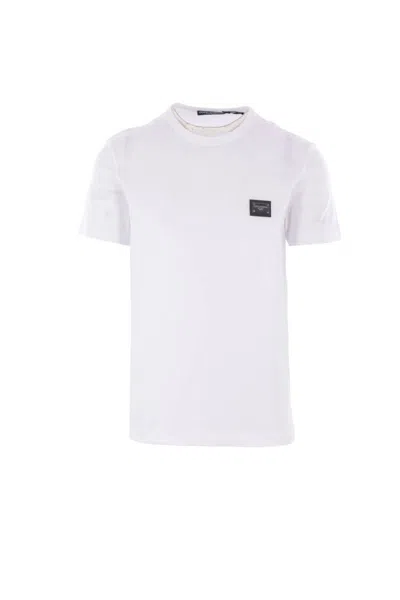 Dolce & Gabbana White Crewneck T-shirt With Logo Plate In Cotton Man