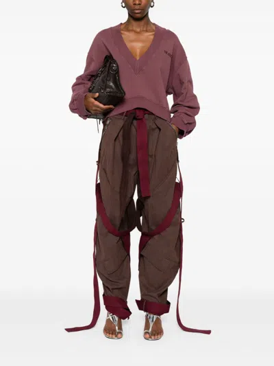 Attico Brown Pants With Side Zip Pockets And All-over Applied Bands In Cotton Blend Woman