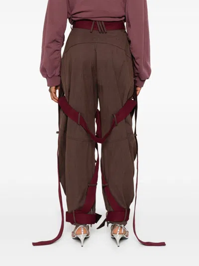 Attico Brown Pants With Side Zip Pockets And All-over Applied Bands In Cotton Blend Woman