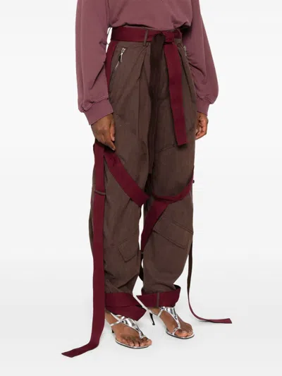 Attico Brown Pants With Side Zip Pockets And All-over Applied Bands In Cotton Blend Woman