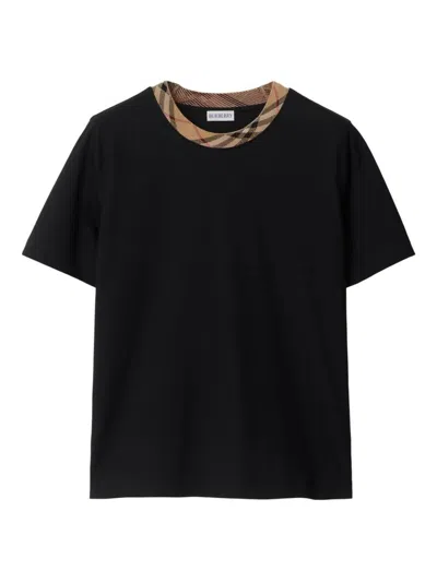 Burberry Black Crewneck T-shirt With Ckeck Motif On The Collar In Cotton Woman