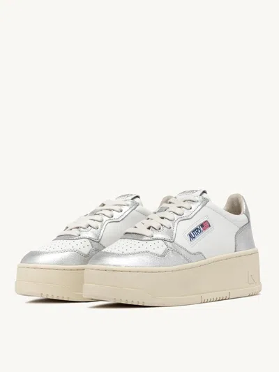 Autry White And Silver Low Top Platform Sneakers With Logo
