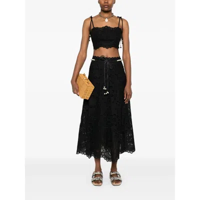 Zimmermann Zim Rhiannon Embroidered Scallop Hem Wblt Midi Skirt Black In Black