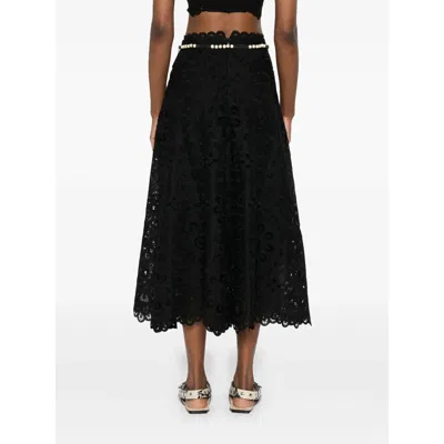 Zimmermann Zim Rhiannon Embroidered Scallop Hem Wblt Midi Skirt Black In Black
