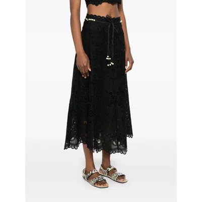 Zimmermann Zim Rhiannon Embroidered Scallop Hem Wblt Midi Skirt Black In Black