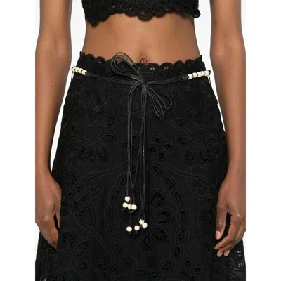 Zimmermann Zim Rhiannon Embroidered Scallop Hem Wblt Midi Skirt Black In Black
