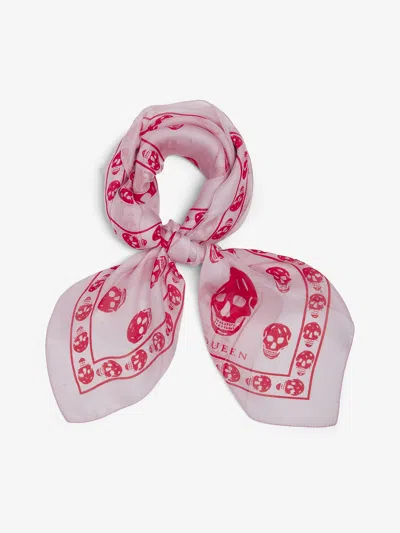Alexander Mcqueen Silk Skull Print Scarf With Striped Border In Pink