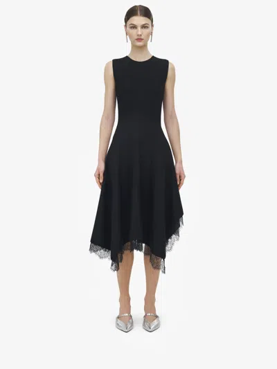 Alexander Mcqueen Asymmetric Hem Lace Trim Sleeveless Dress In Black