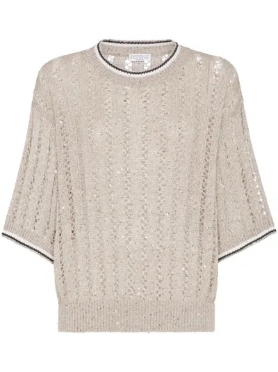 Brunello Cucinelli Beige Perforated Linen Sweater In Beige