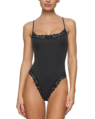 Skims Fits Everybody Lace-trimmed Stretch-jersey Thong Bodysuit In Onyx