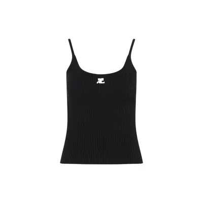 Courrèges Ribbed Spaghetti Strap Top With Elegant Logo Detail And Luxurious Fabric Blend In Black