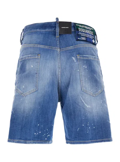 Dsquared2 Blue Shorts With Applied Logo On The Back And Lived Effect In Denim Man