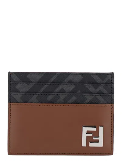 Fendi Portacarte Multicolor In Pelle E Tela Uomo In Brown