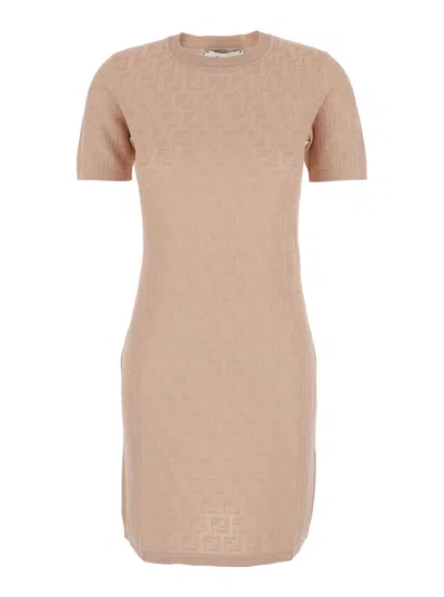 Fendi Ff Jacquard Knitted Mini Dress In Neutral