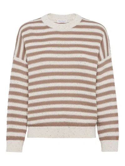 Brunello Cucinelli Sequin-embellished Striped Cotton-blend Sweater In Pattern