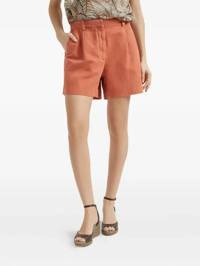 Brunello Cucinelli Bead-embellished Pleated Cotton And Linen-blend Twill Shorts