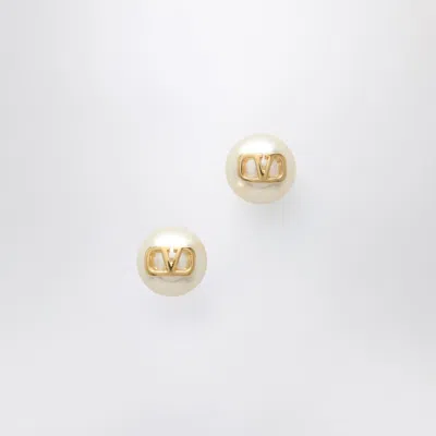 Valentino Garavani Golden Pearl Earrings With Signature Vlogo In White