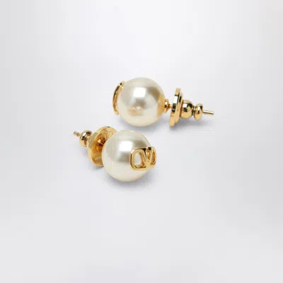 Valentino Garavani Golden Pearl Earrings With Signature Vlogo In White