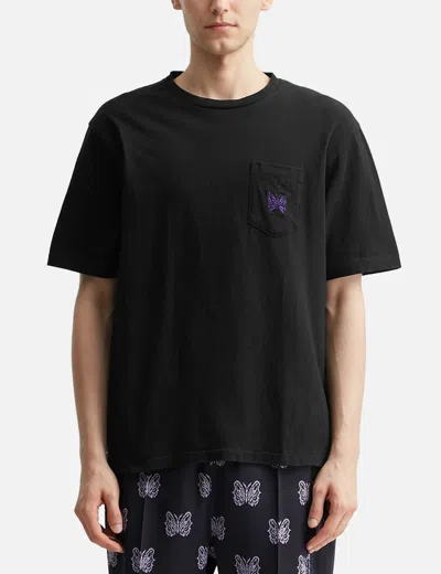 Needles Black Crewneck T-shirt With Logo Patch And Chest Pocket In Jersey In Black