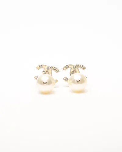 Pre-owned Chanel Cc Rhinestones And Pearls Dangling Earrings