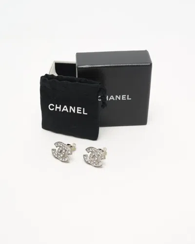 Pre-owned Chanel Coco Mark Rhinestone Clip-on Earrings In Silver