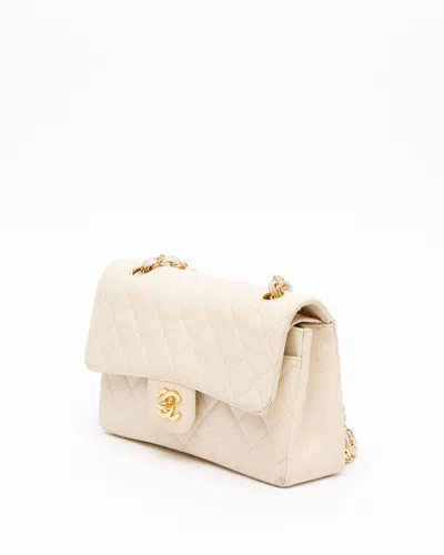 Pre-owned Chanel Classic Caviar Small Double Flap Bag In White
