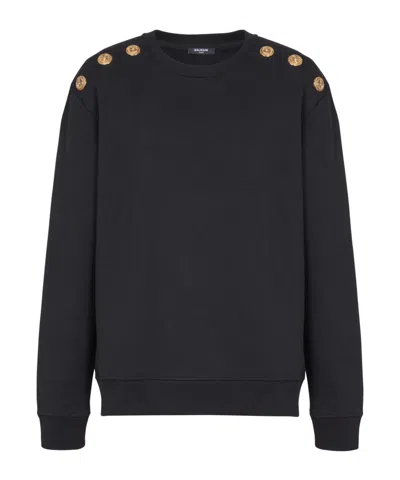 Balmain Crew Neck Sweater With Gold Button Detailing In Black