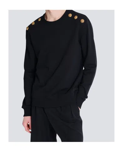 Balmain Crew Neck Sweater With Gold Button Detailing In Black